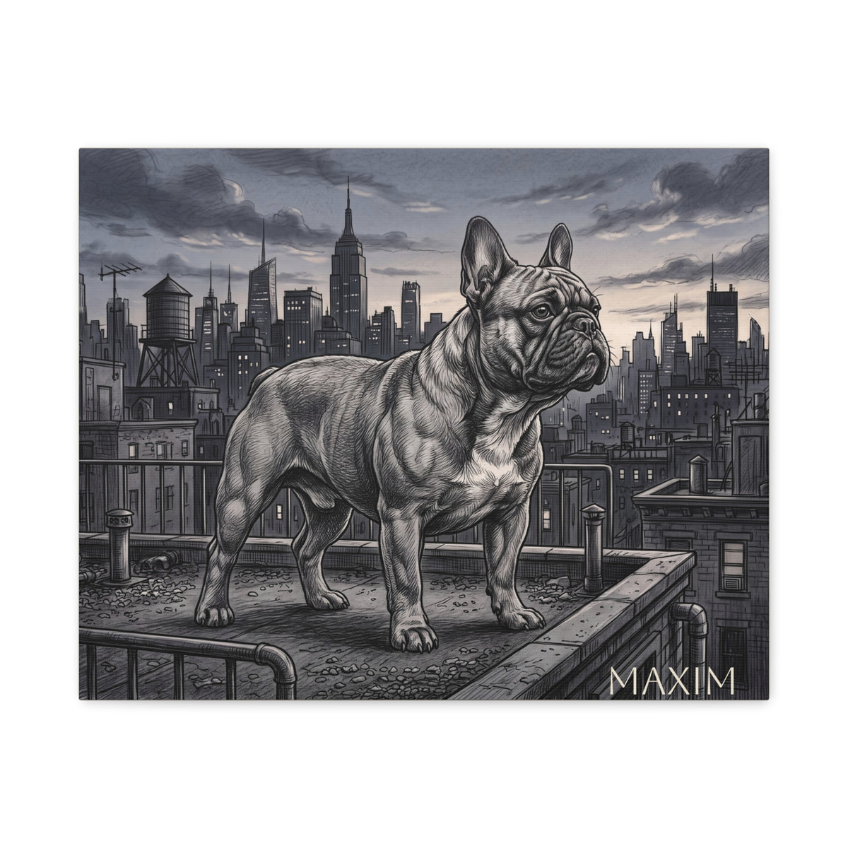 French Bulldog City Rooftop Sketch Personalized Canvas | Urban Skyline Wall Art