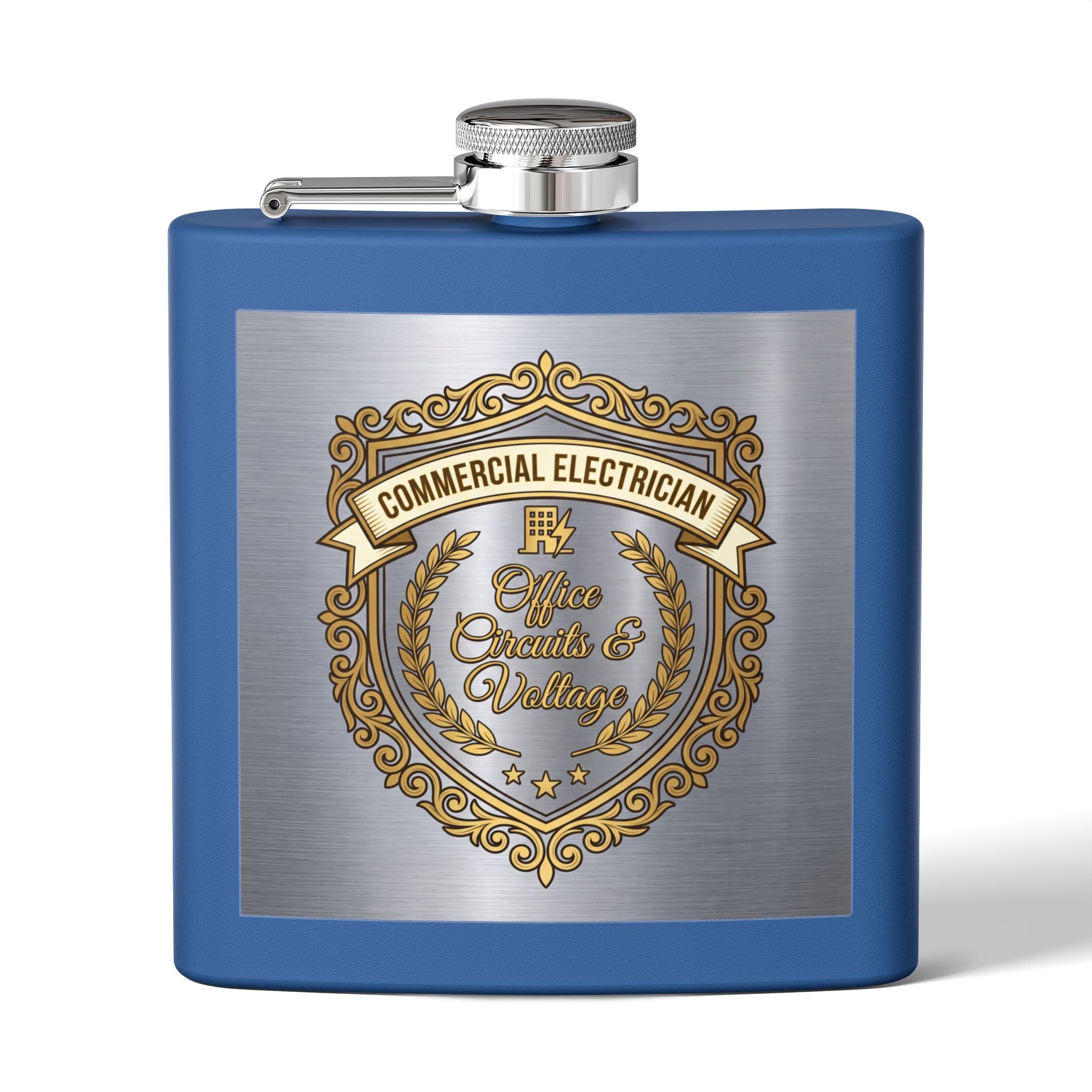 Flask — "Commercial Electrician: Office Circuits & Voltage" (Shield Badge) 6oz Stainless Steel Hip Flask
