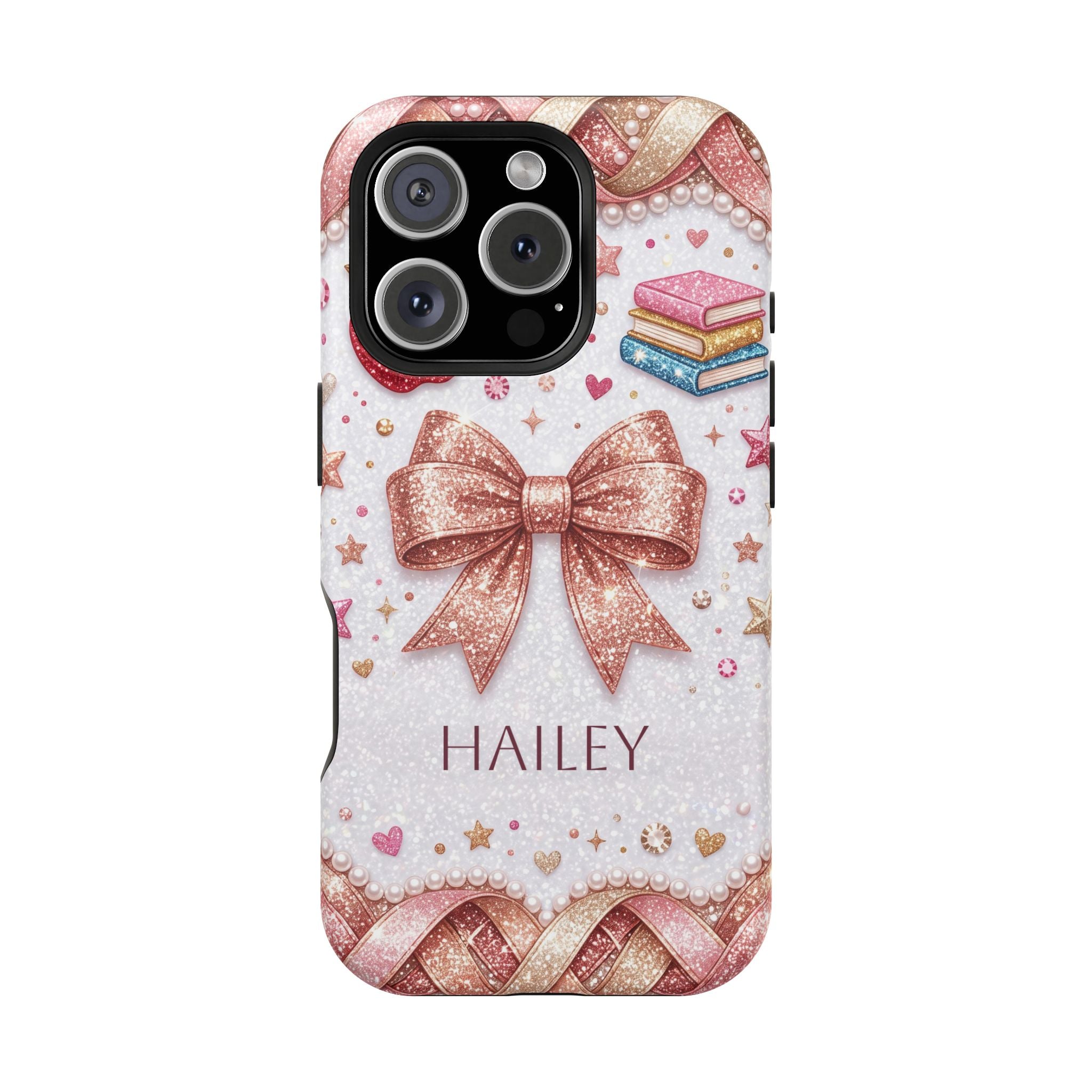 Rose Gold Glitter Bow Personalized Teacher Phone Case — Wireless Charging Cover