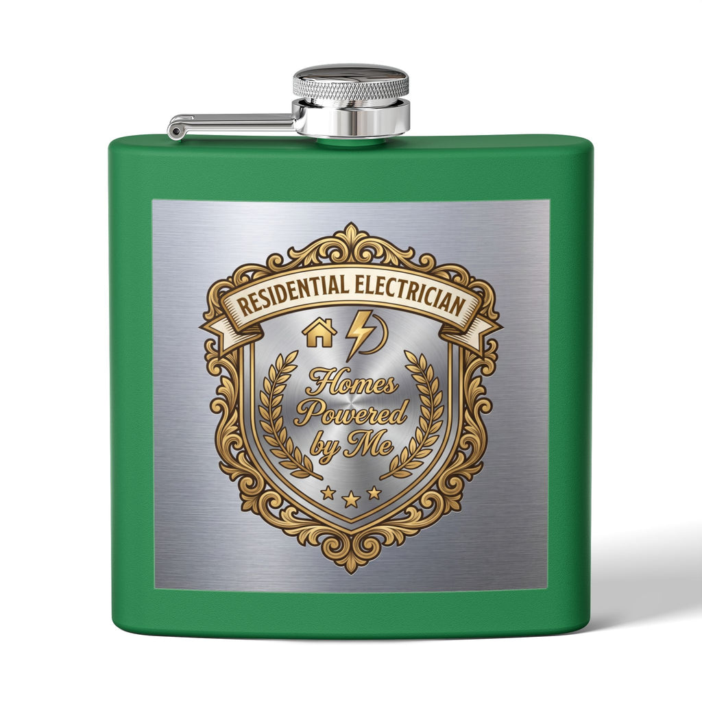 Flask — "Residential Electrician: Homes Powered by Me" (Crest Edition) 6oz Stainless Steel Hip Flask