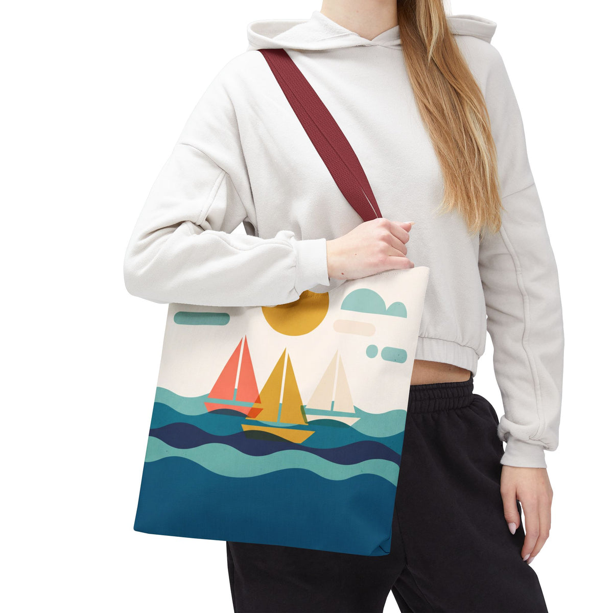 Minimalist Sailboat Tote Bag – Mid-Century Modern Ocean Waves Beach Bag