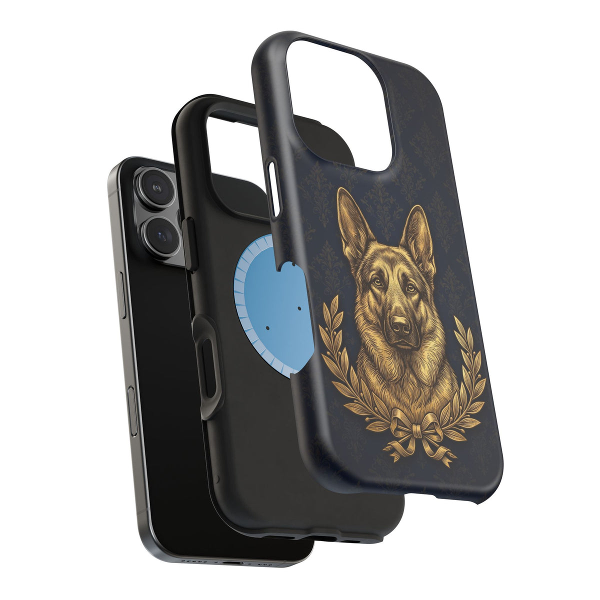 German Shepherd Phone Case | Navy Gold Laurel Art — Tough Magnetic Case with Wireless Charging