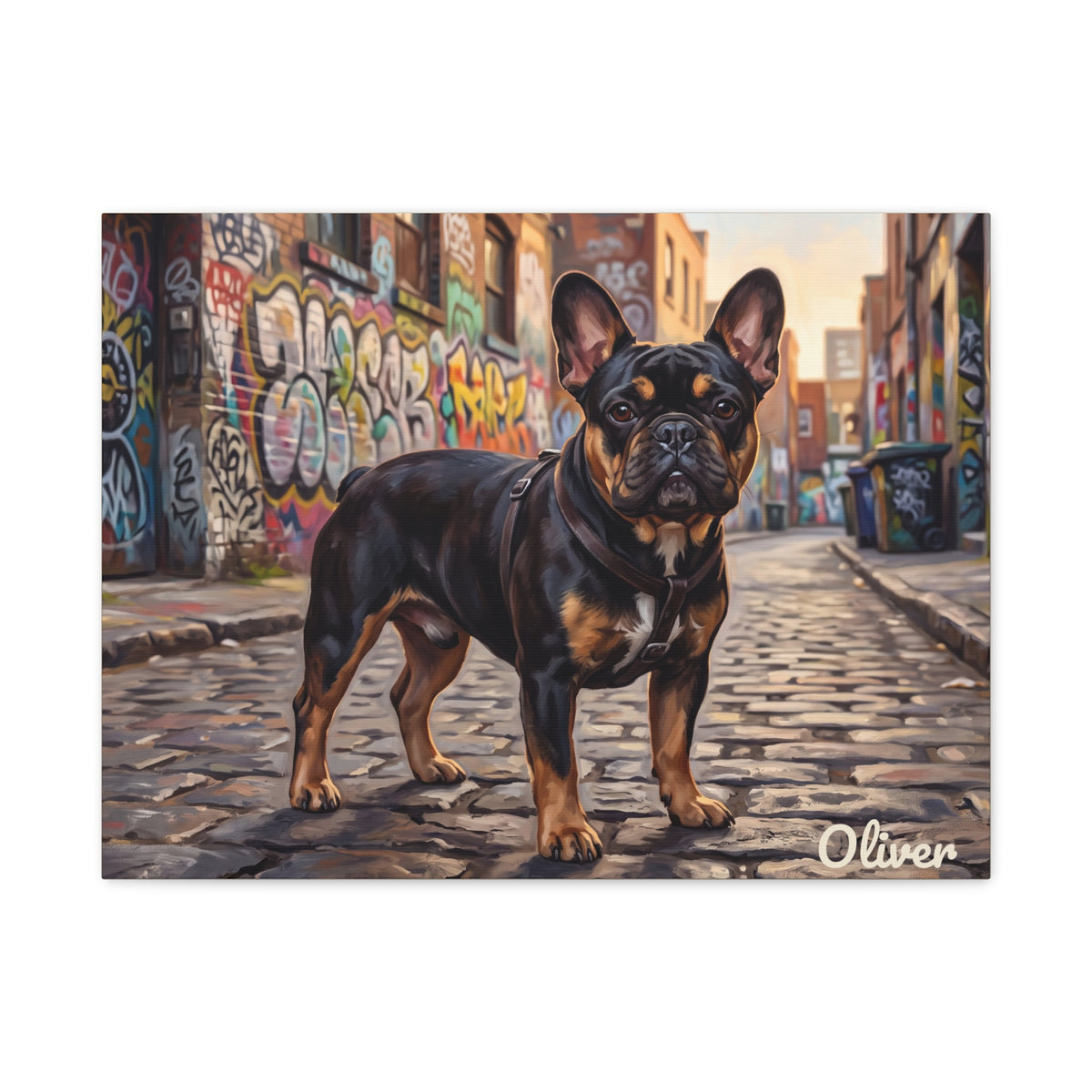 French Bulldog Personalized Canvas | Black and Tan Frenchie Graffiti Alley Wall Art