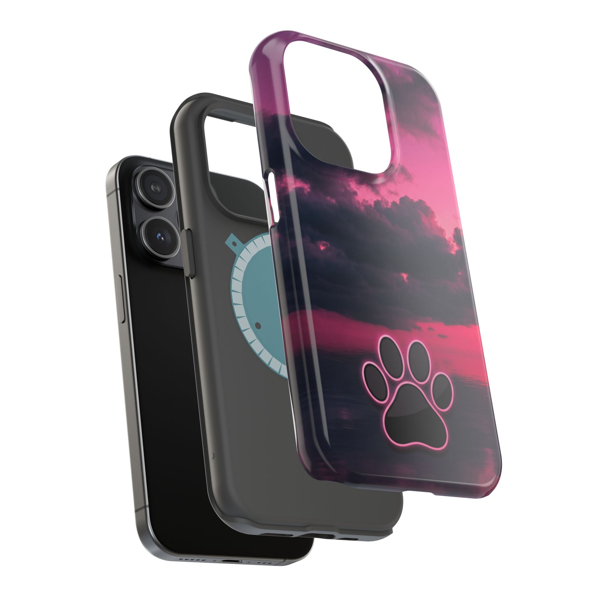 iPhone & Samsung Magnetic Impact-Resistant Phone Case — Pink Twilight Cloud with Paw Print