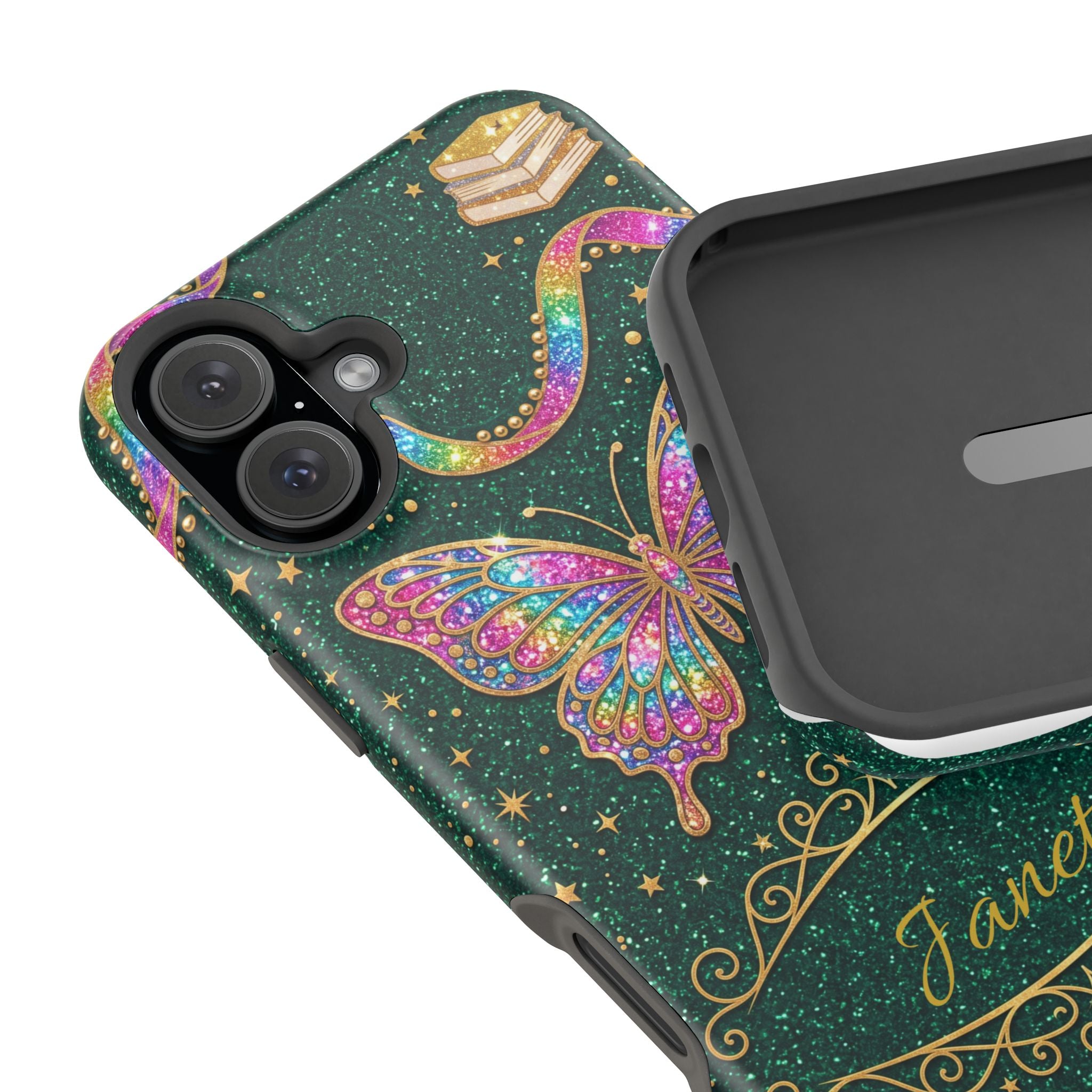 Rainbow Glitter Butterfly Personalized Teacher Phone Case — Wireless Charging Cover