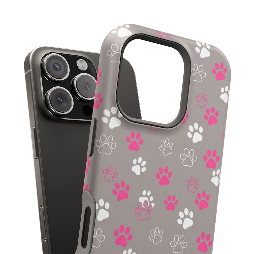 Pink & White Paw Print Phone Case — Impact-Resistant Wireless Charging Cover
