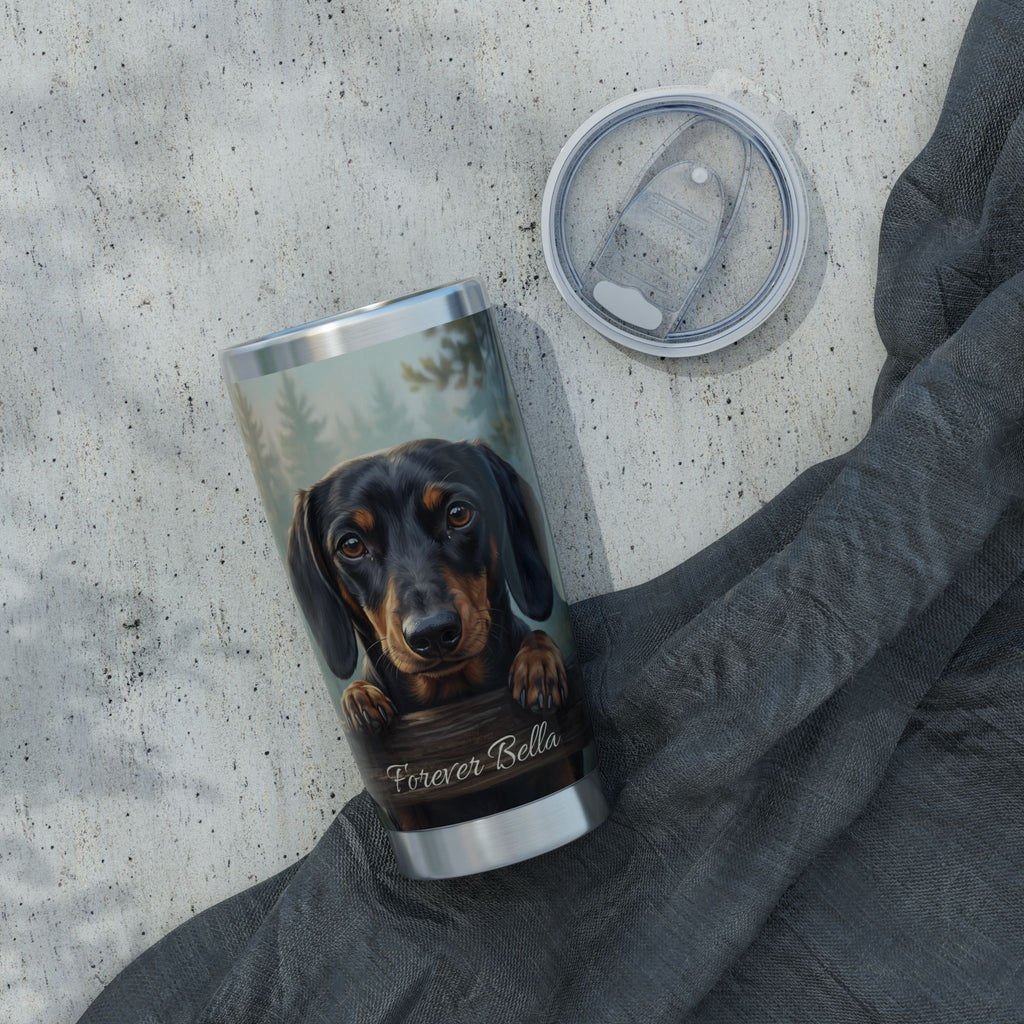 Dachshund Tumbler Personalized – 20 oz Stainless Steel Travel Mug with Custom Name, Black & Tan Forest Design