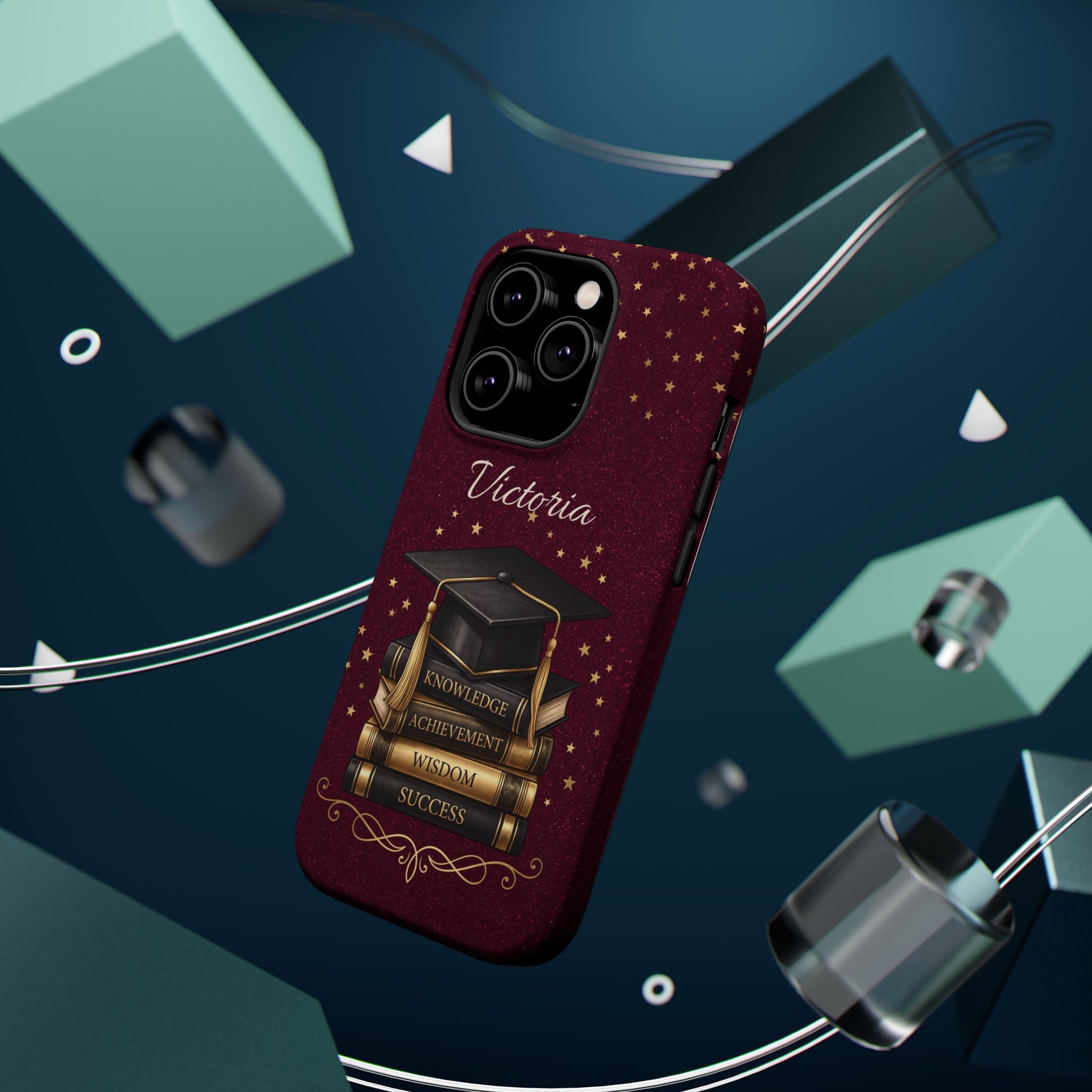 Graduation Cap & Books Personalized Teacher Phone Case — Wireless Charging Cover