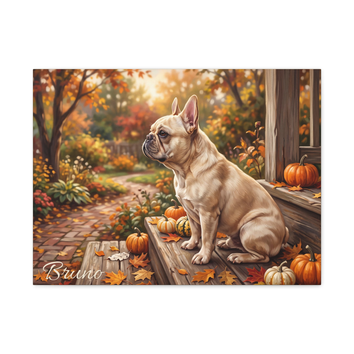 French Bulldog Personalized Canvas | Cream Frenchie Autumn Porch Pumpkin Wall Art