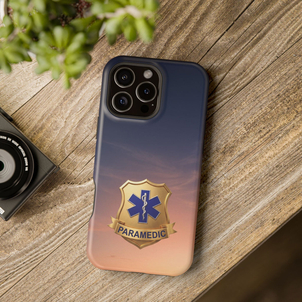Gold Paramedic Badge Sunset Sky Phone Case — Magnetic Wireless Charging Cover