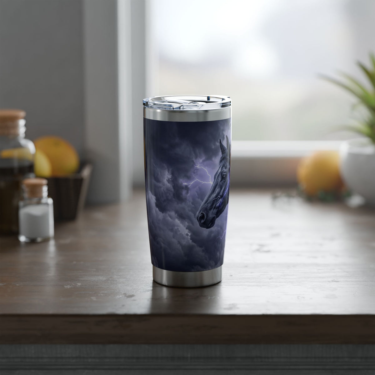 Horse Personalized Tumbler | Storm and Lightning Art — 20 oz Stainless Travel Mug