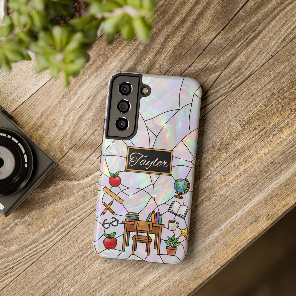 Personalized Teacher Phone Case — Custom Name Stained Glass Classroom Design