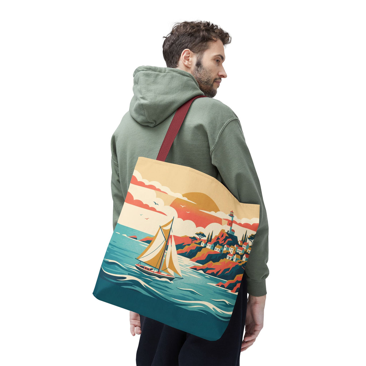 Coastal Lighthouse Sailboat Tote Bag – Retro Seaside Sunset Beach Bag