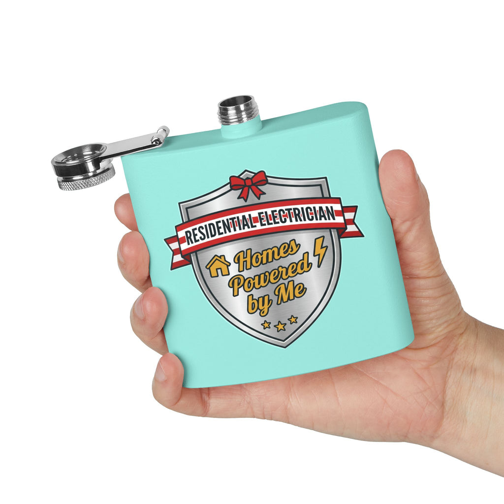 Flask — "Residential Electrician: Homes Powered by Me" (Shield Badge) 6oz Stainless Steel Hip Flask