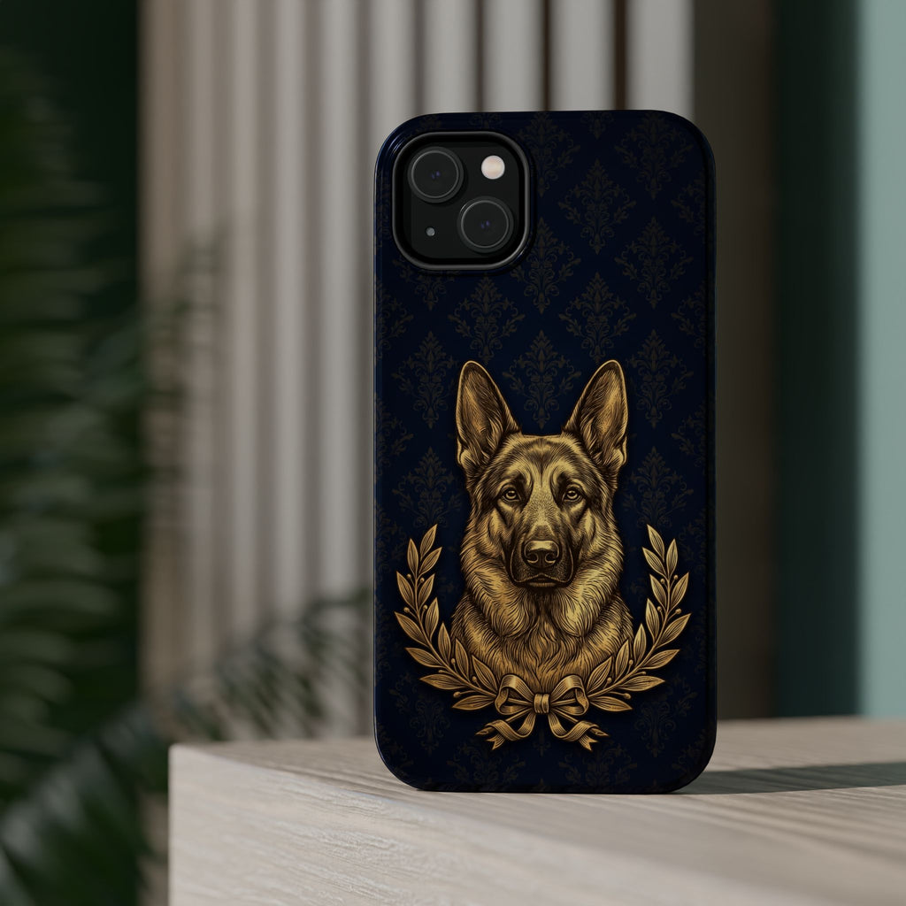 German Shepherd Phone Case | Navy Gold Laurel Art — Tough Magnetic Case with Wireless Charging