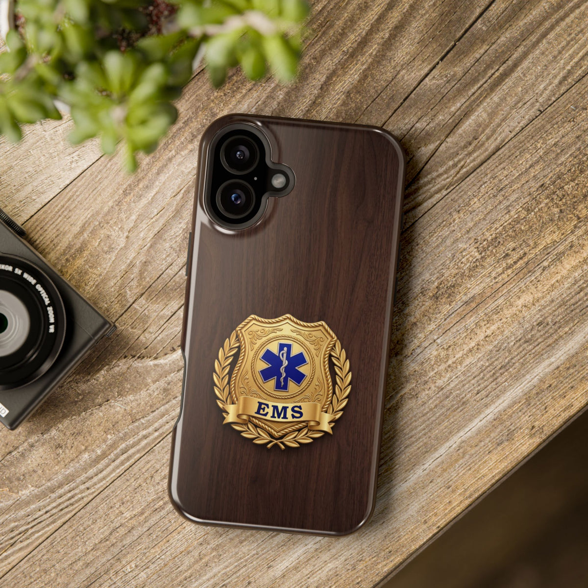 Gold EMS Laurel Badge Wood Phone Case — Magnetic Wireless Charging Cover