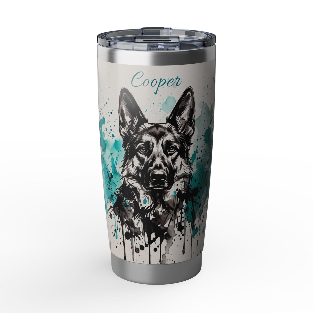 German Shepherd Personalized Tumbler | Turquoise Ink Splash Art — 20 oz Stainless Travel Mug