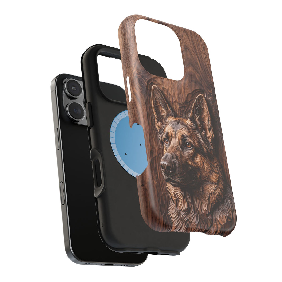 German Shepherd Phone Case | Carved Walnut Art — Tough Magnetic Case with Wireless Charging