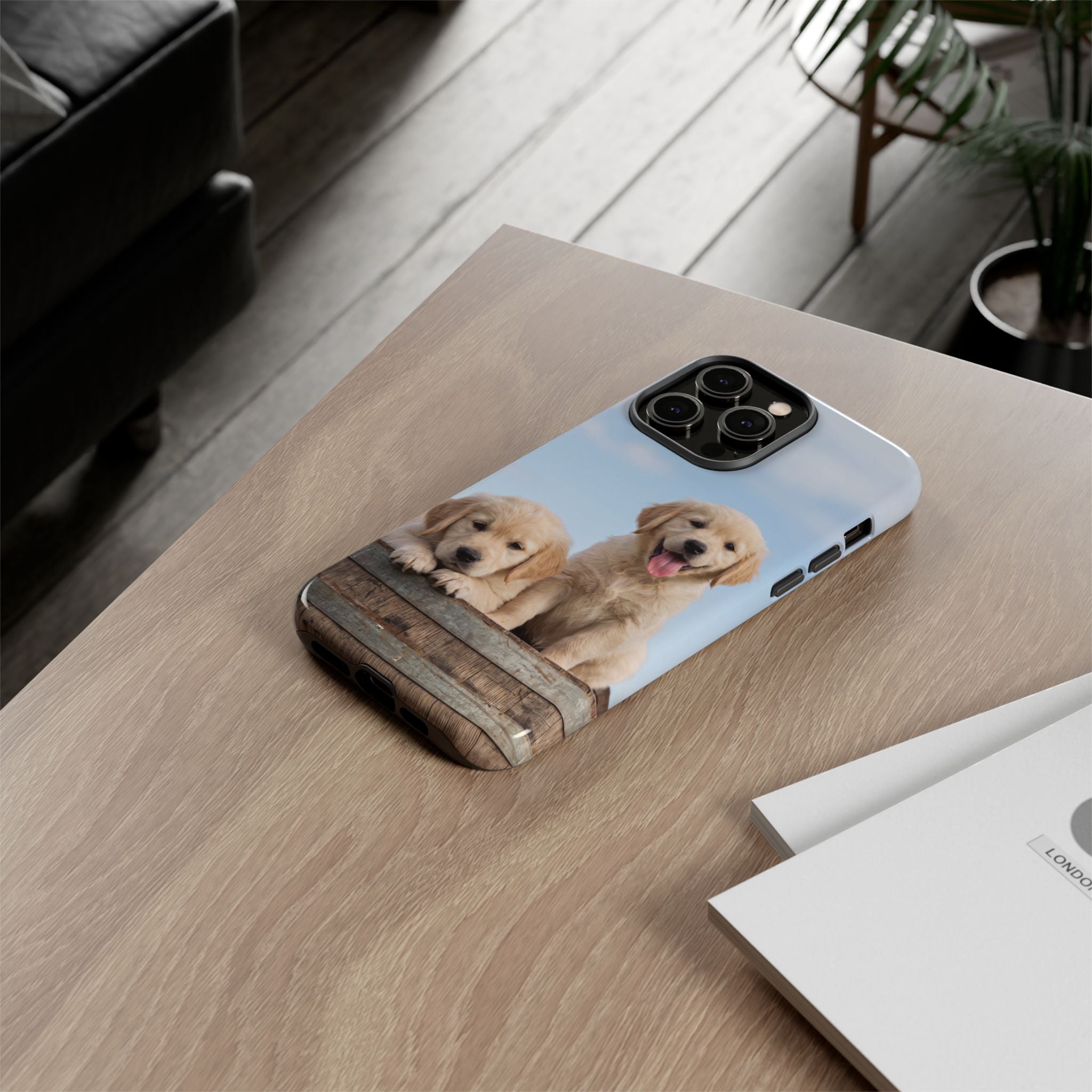 Golden Retriever Puppies on Barrel Phone Case | Cute Duo Under Blue Sky | iPhone & Samsung