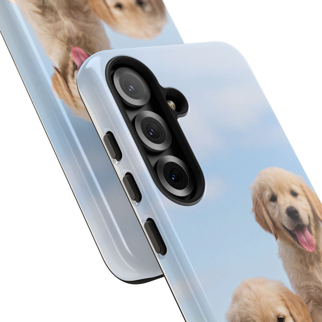 Golden Retriever Puppies on Barrel Phone Case | Cute Duo Under Blue Sky | iPhone & Samsung