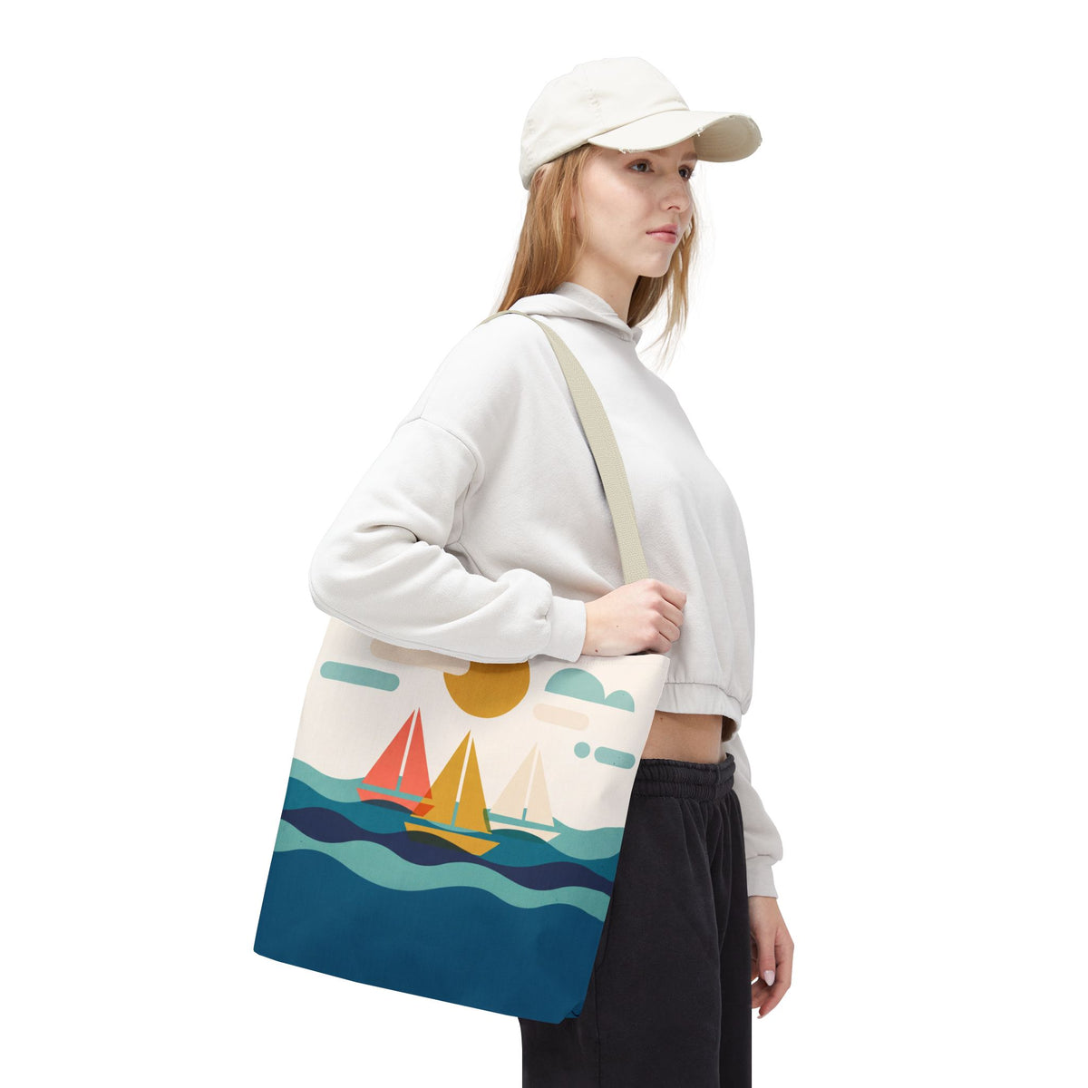 Minimalist Sailboat Tote Bag – Mid-Century Modern Ocean Waves Beach Bag