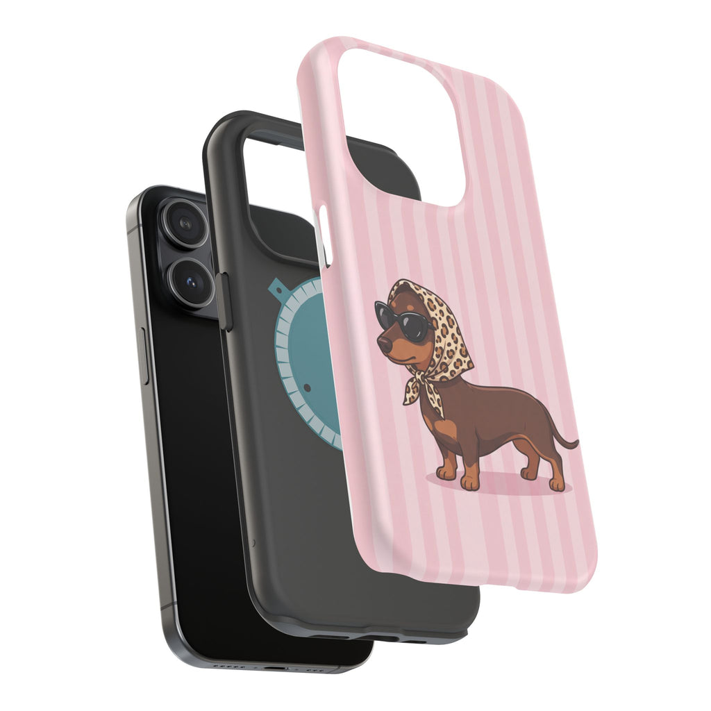 Glam Dachshund Phone Case | Cute Sausage Dog in Leopard Scarf & Sunglasses | Pink Stripe Case for iPhone & Samsung