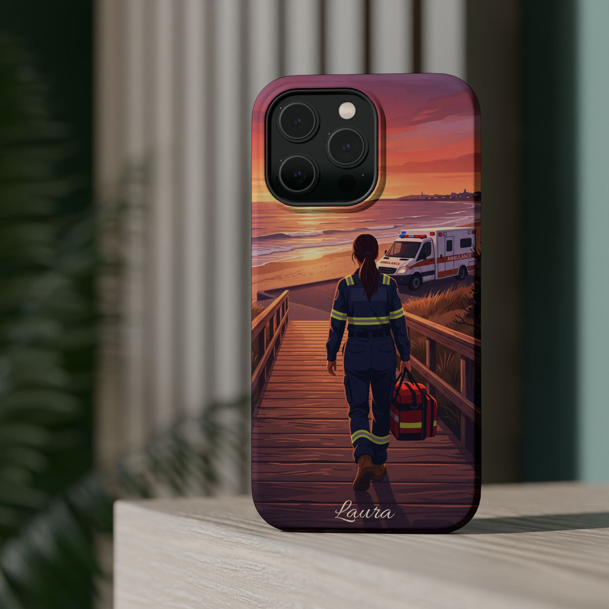 Sunset Boardwalk Personalized Paramedic Phone Case — Wireless Charging Cover