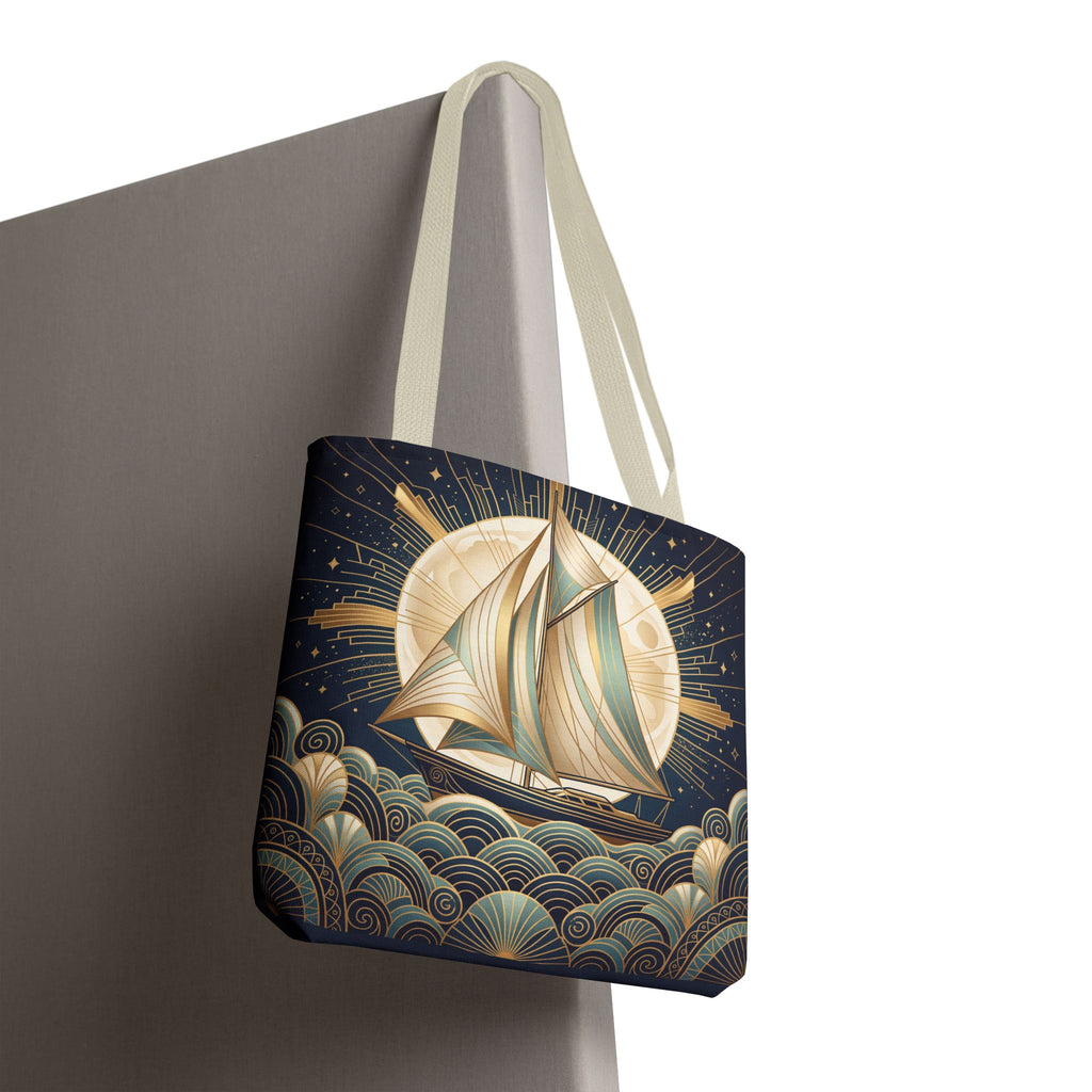 Art Deco Moonlit Sailboat Tote Bag – Starry Night Nautical Beach Bag