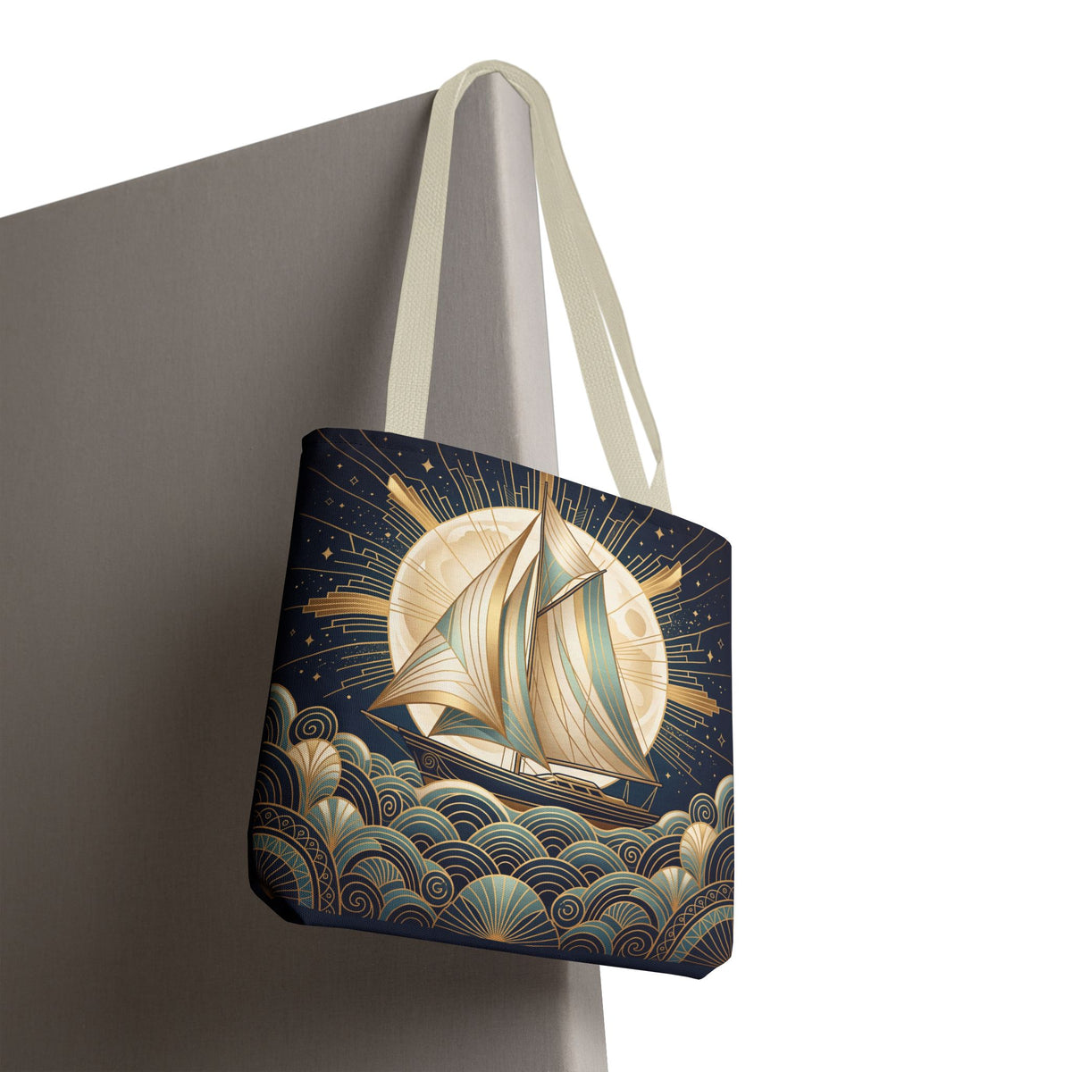 Art Deco Moonlit Sailboat Tote Bag – Starry Night Nautical Beach Bag