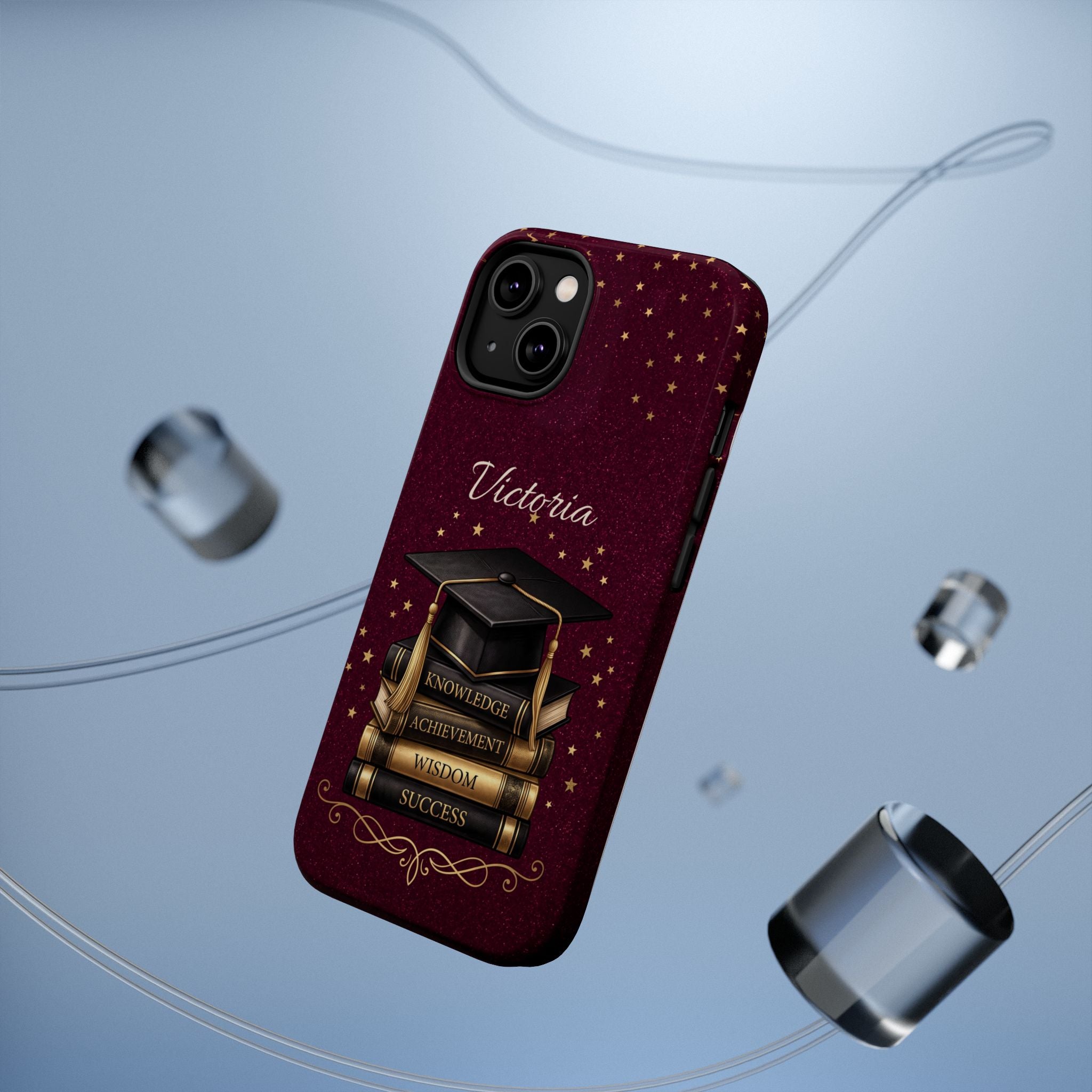 Graduation Cap & Books Personalized Teacher Phone Case — Wireless Charging Cover