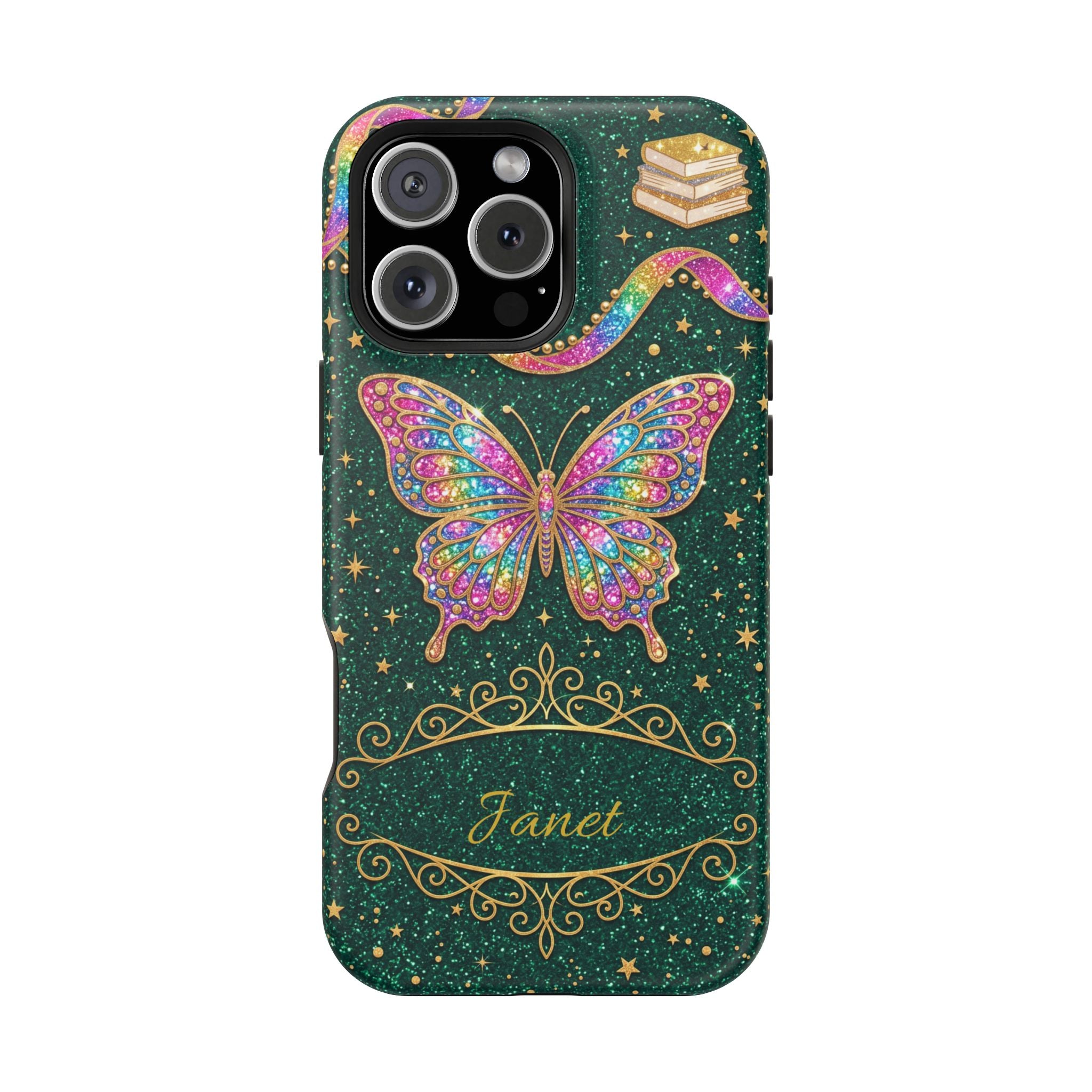 Rainbow Glitter Butterfly Personalized Teacher Phone Case — Wireless Charging Cover