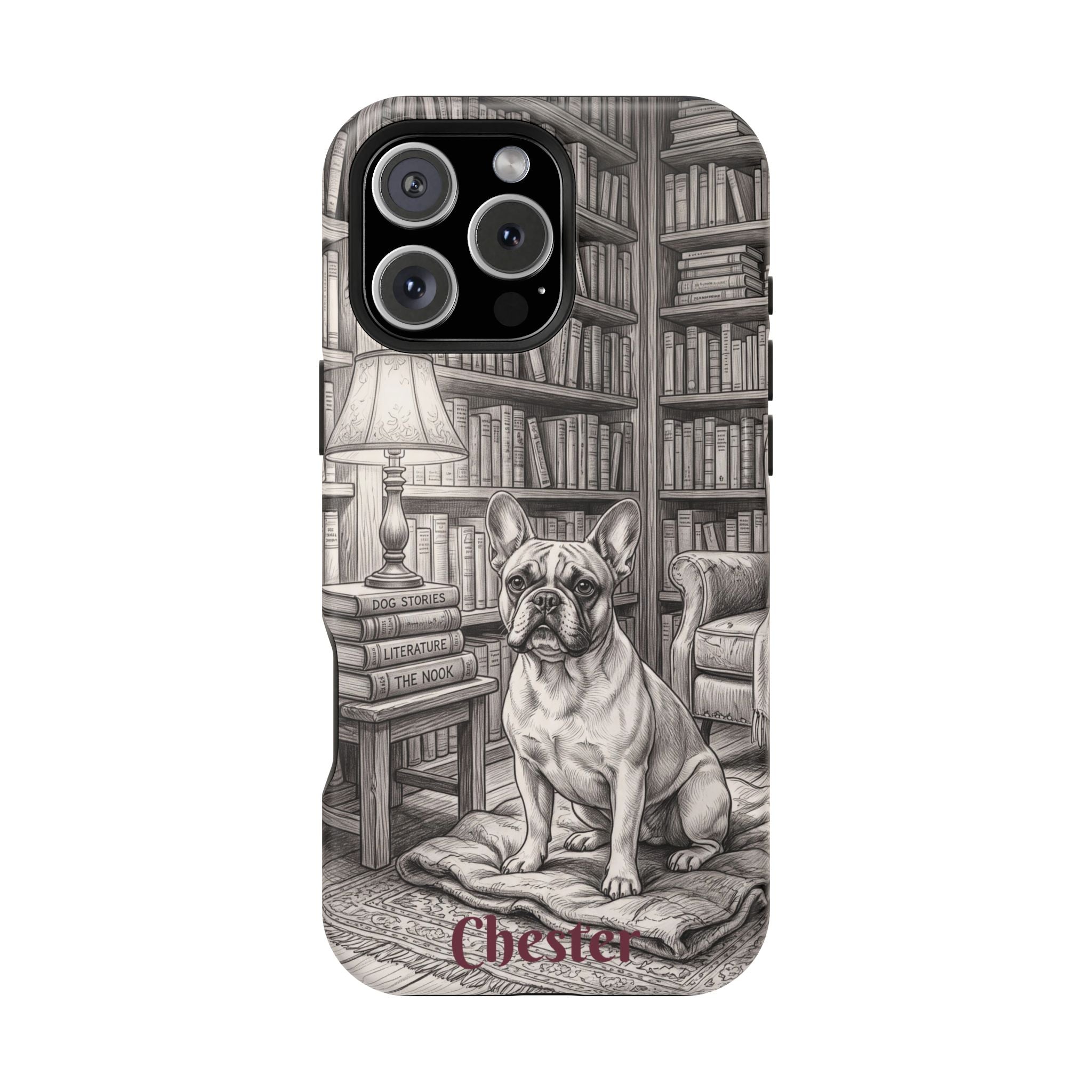 Personalized French Bulldog Library Study Phone Case — Wireless Charging Cover