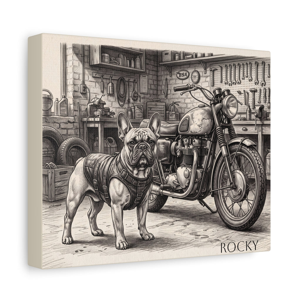 French Bulldog Motorcycle Garage Sketch Personalized Canvas | Vintage Biker Wall Art