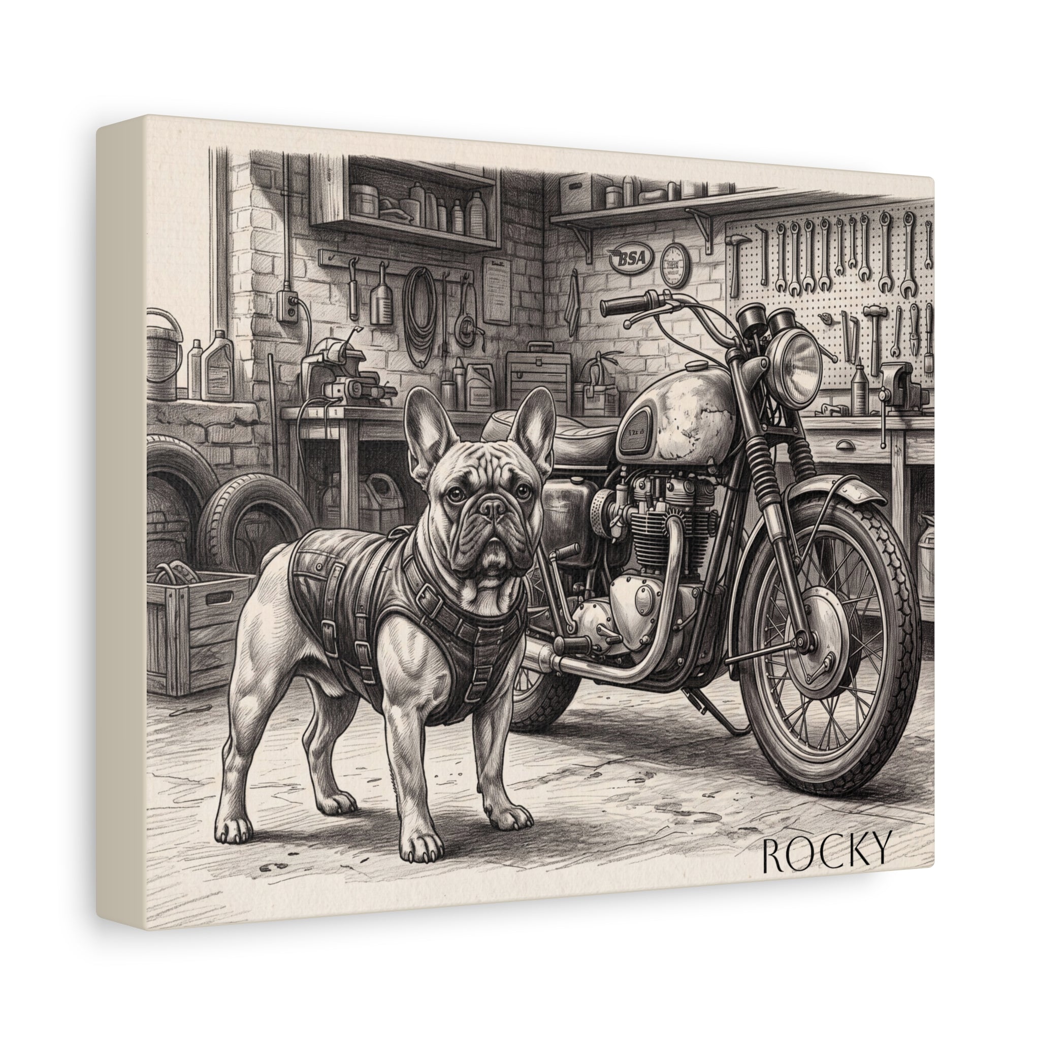 French Bulldog Motorcycle Garage Sketch Personalized Canvas | Vintage Biker Wall Art