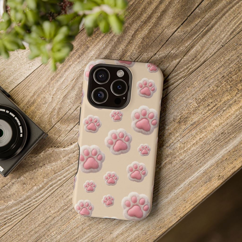 Pink Paw Print Phone Case — Impact-Resistant Wireless Charging Cover
