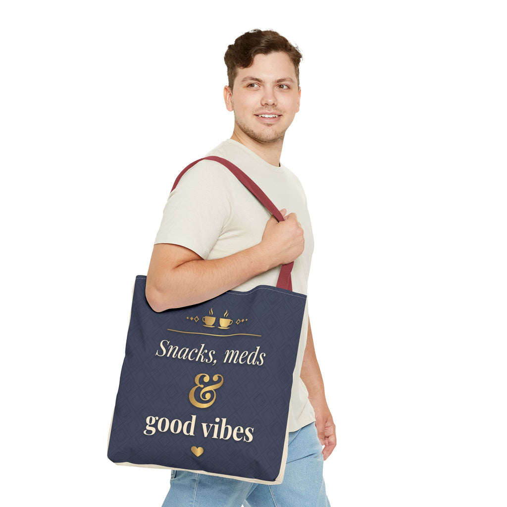 Snacks Meds & Good Vibes Tote | Funny Nurse Gift Tote Bag | Healthcare Worker Humour Gift | Premium Polyester Carry-All