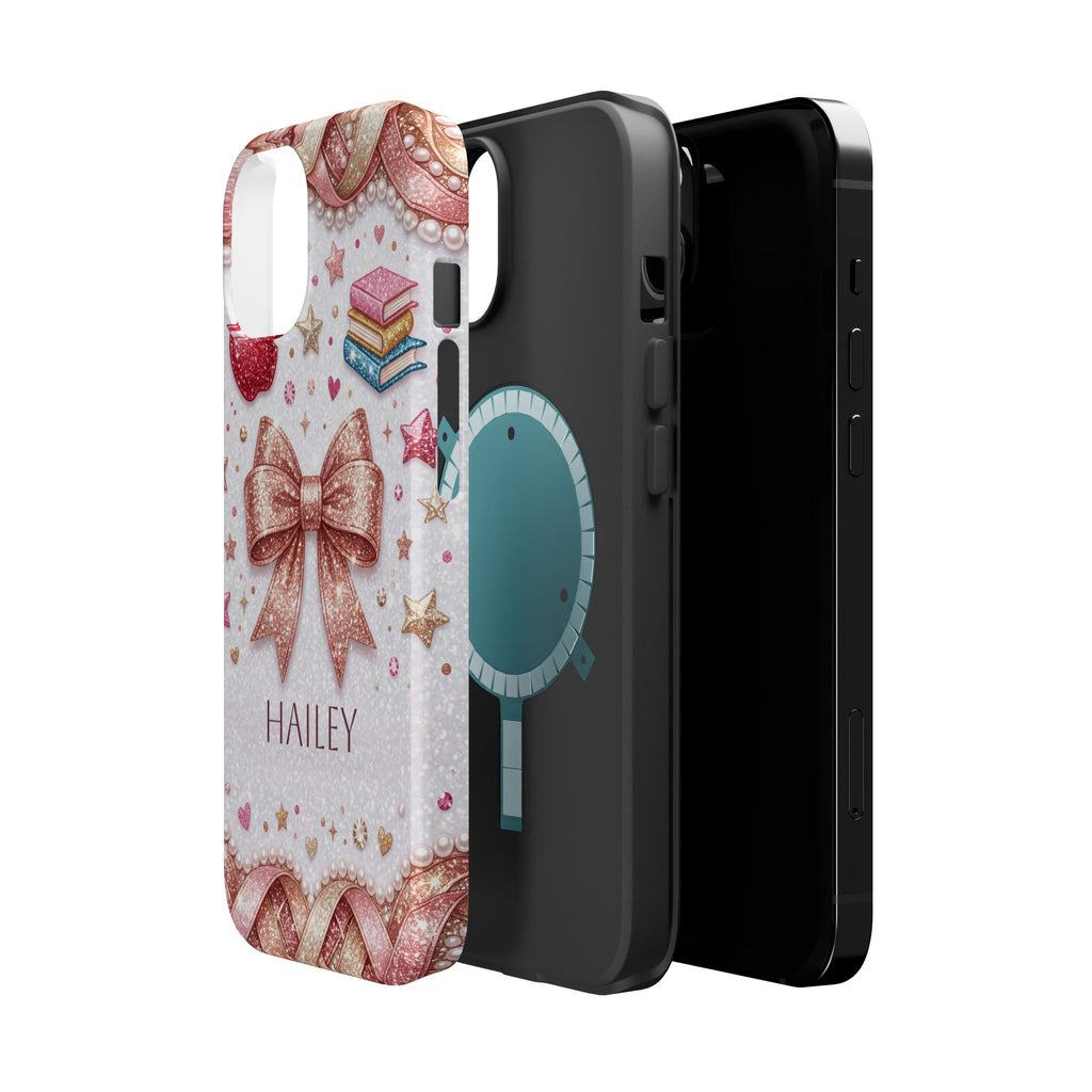 Rose Gold Glitter Bow Personalized Teacher Phone Case — Wireless Charging Cover