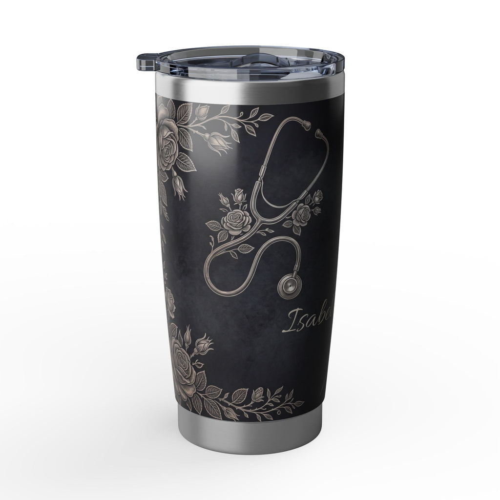 Personalized Stethoscope Tumbler – Custom Name Platinum Floral Design 20 oz