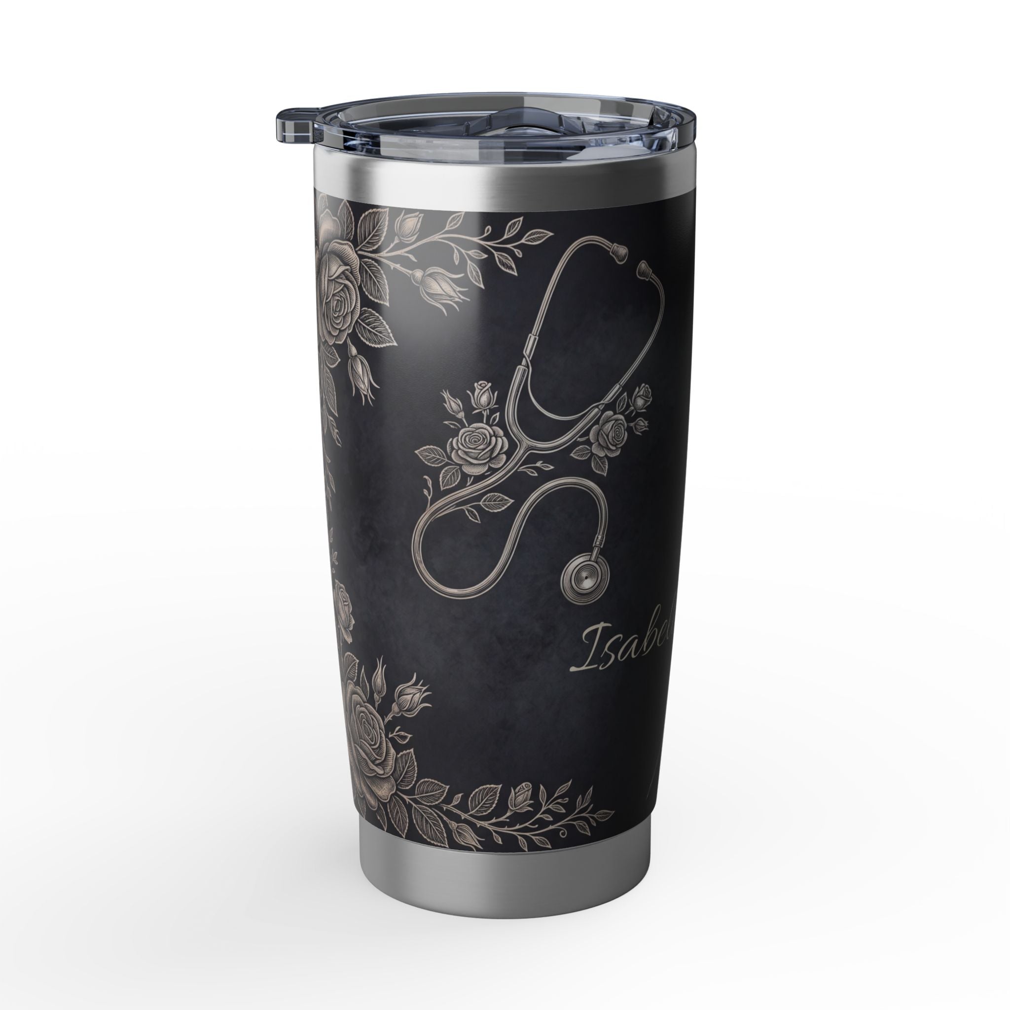 Personalized Stethoscope Tumbler – Custom Name Platinum Floral Design 20 oz