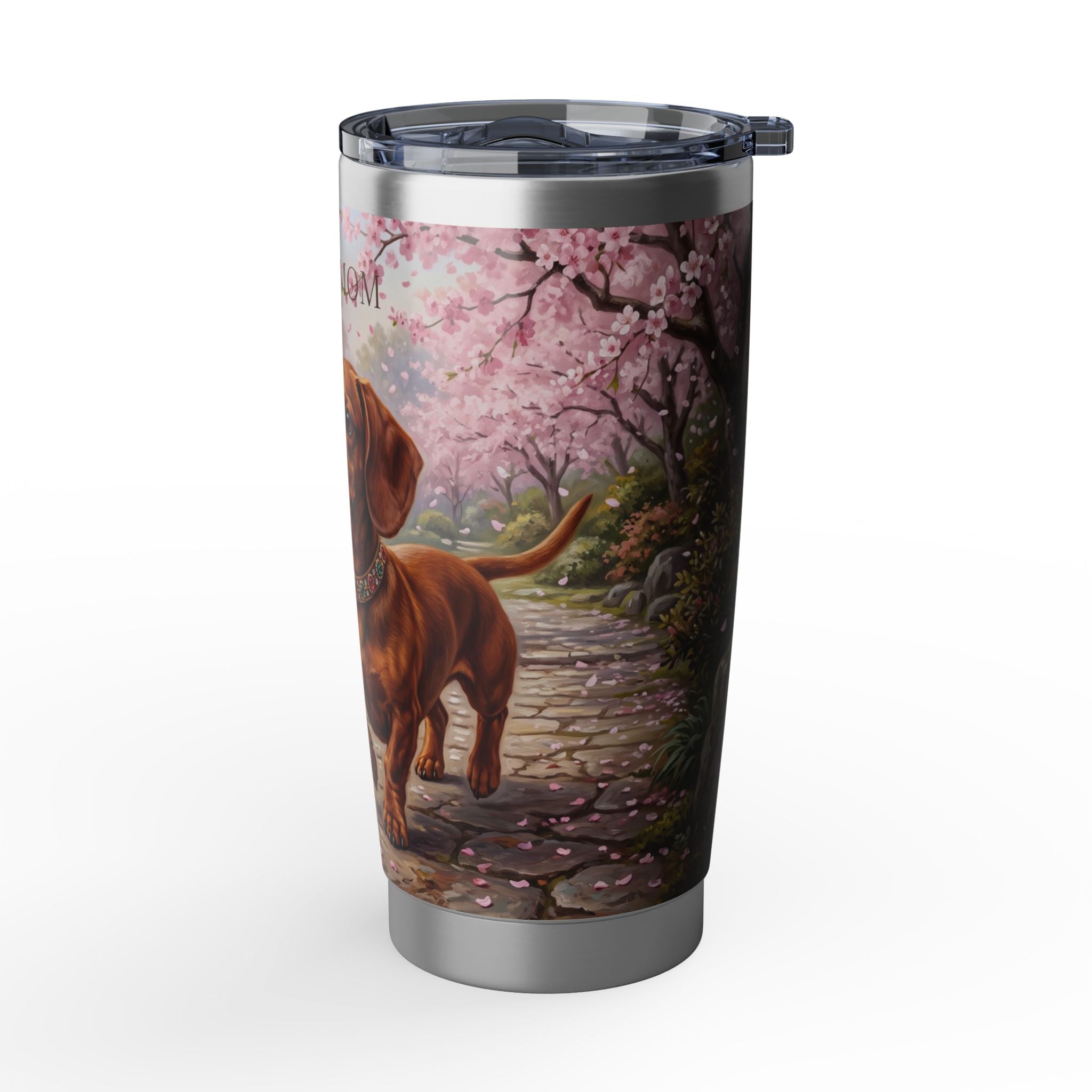 Dachshund Cherry Blossom Stainless Tumbler — 20 oz Personalized Travel Mug with Japanese Garden Design