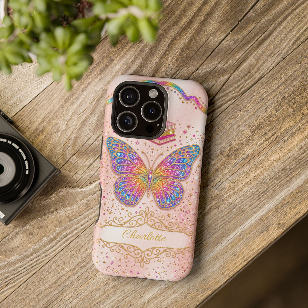 Blush Glitter Butterfly Personalized Teacher Phone Case — Wireless Charging Cover