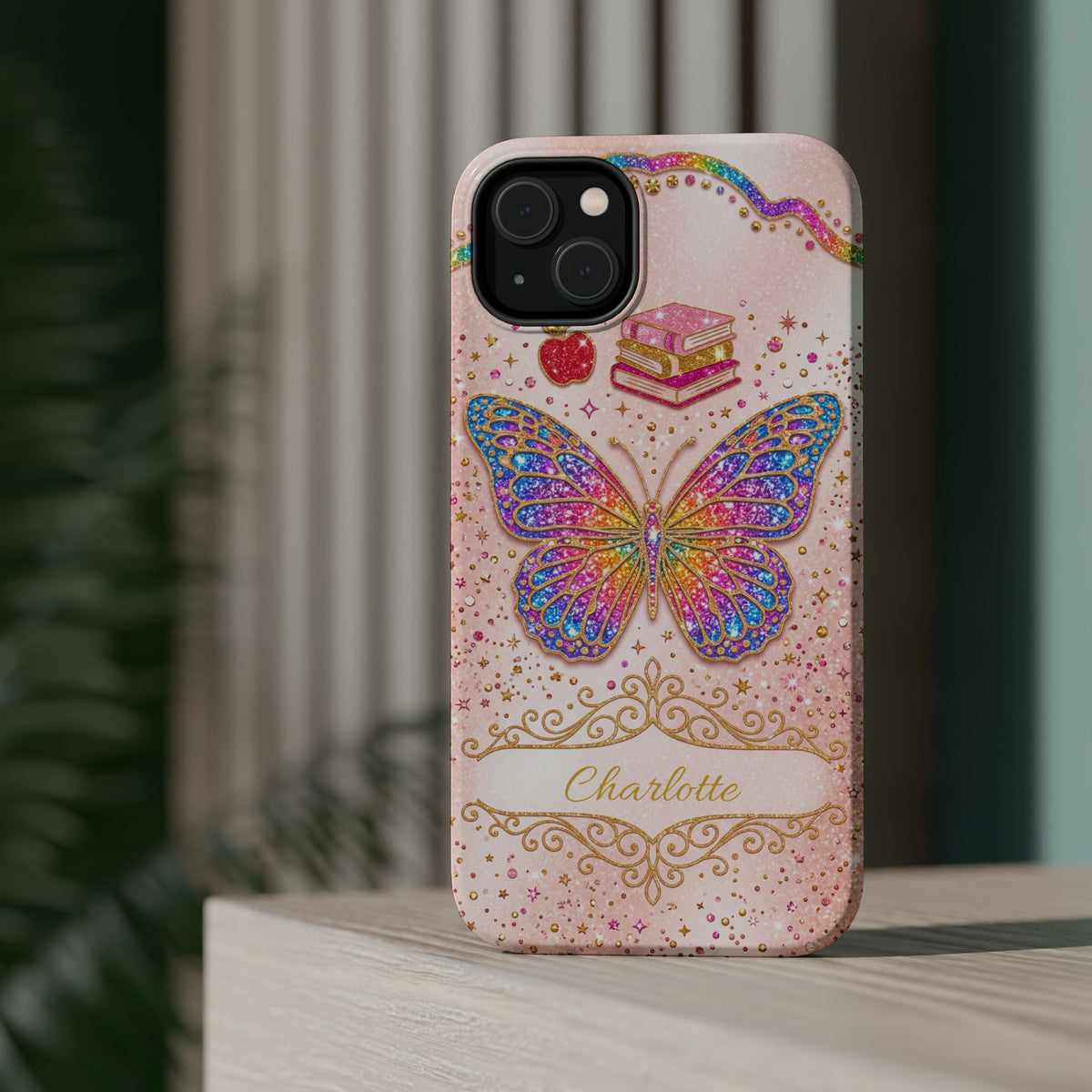 Blush Glitter Butterfly Personalized Teacher Phone Case — Wireless Charging Cover