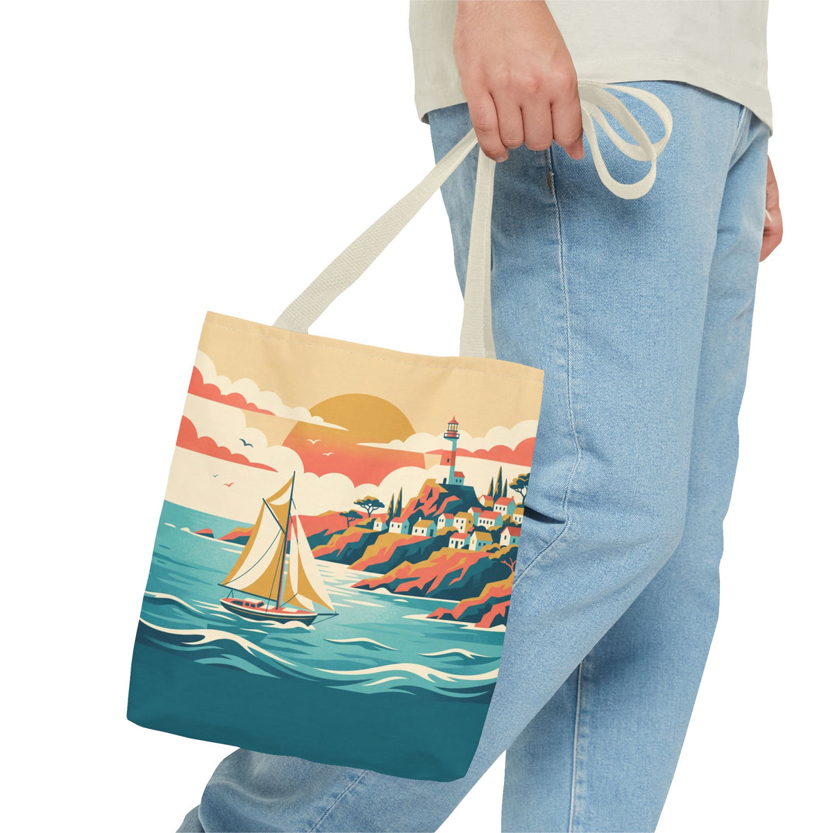 Coastal Lighthouse Sailboat Tote Bag – Retro Seaside Sunset Beach Bag