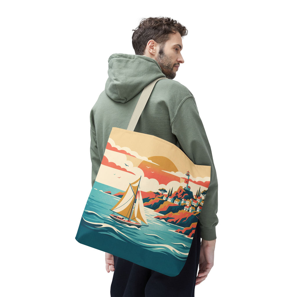 Coastal Lighthouse Sailboat Tote Bag – Retro Seaside Sunset Beach Bag
