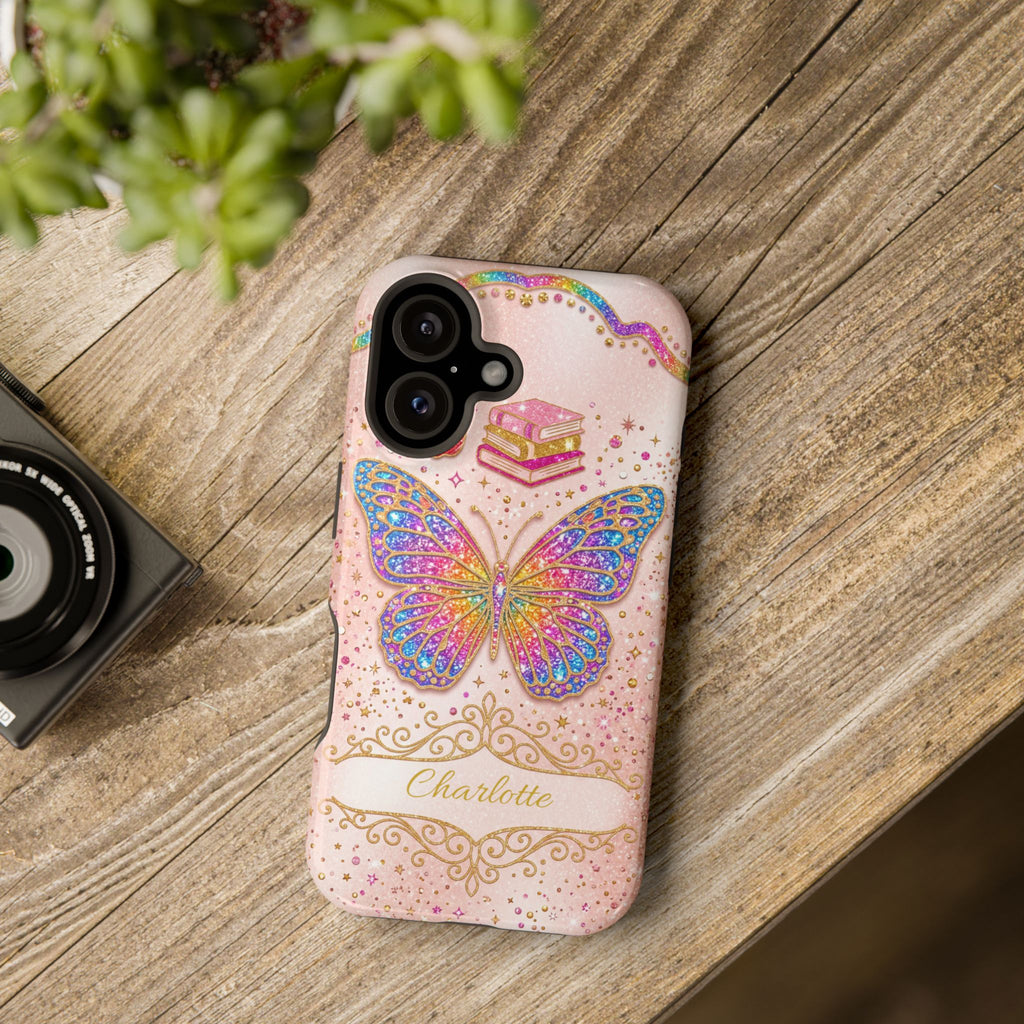 Blush Glitter Butterfly Personalized Teacher Phone Case — Wireless Charging Cover