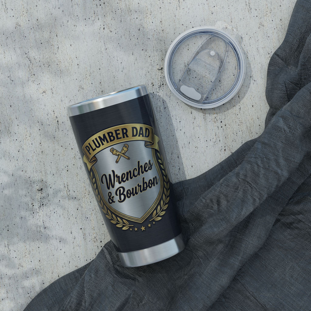 Plumber Dad Tumbler – "Wrenches & Bourbon" Charcoal Crest Design 20 oz