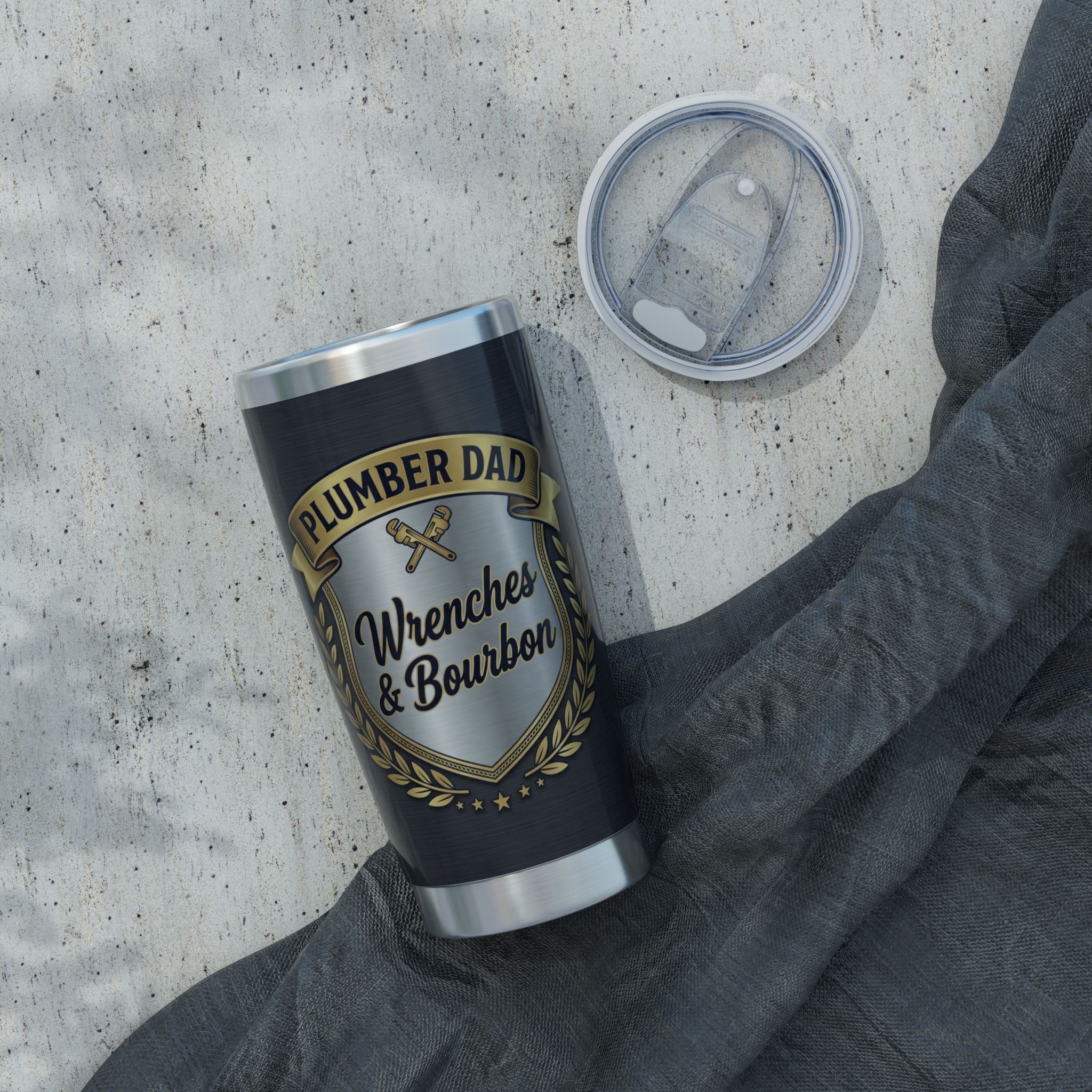 Plumber Dad Tumbler – "Wrenches & Bourbon" Charcoal Crest Design 20 oz