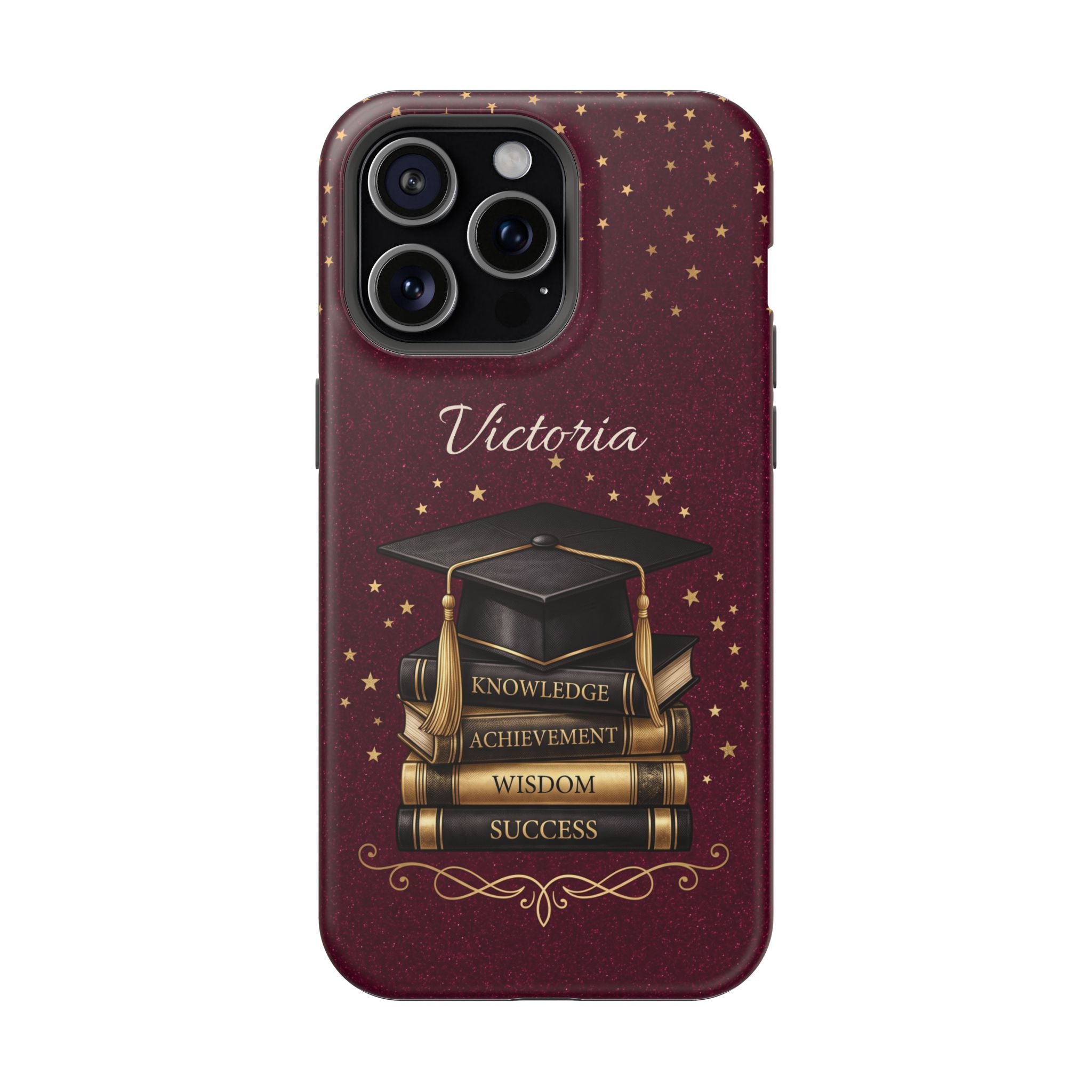 Graduation Cap & Books Personalized Teacher Phone Case — Wireless Charging Cover