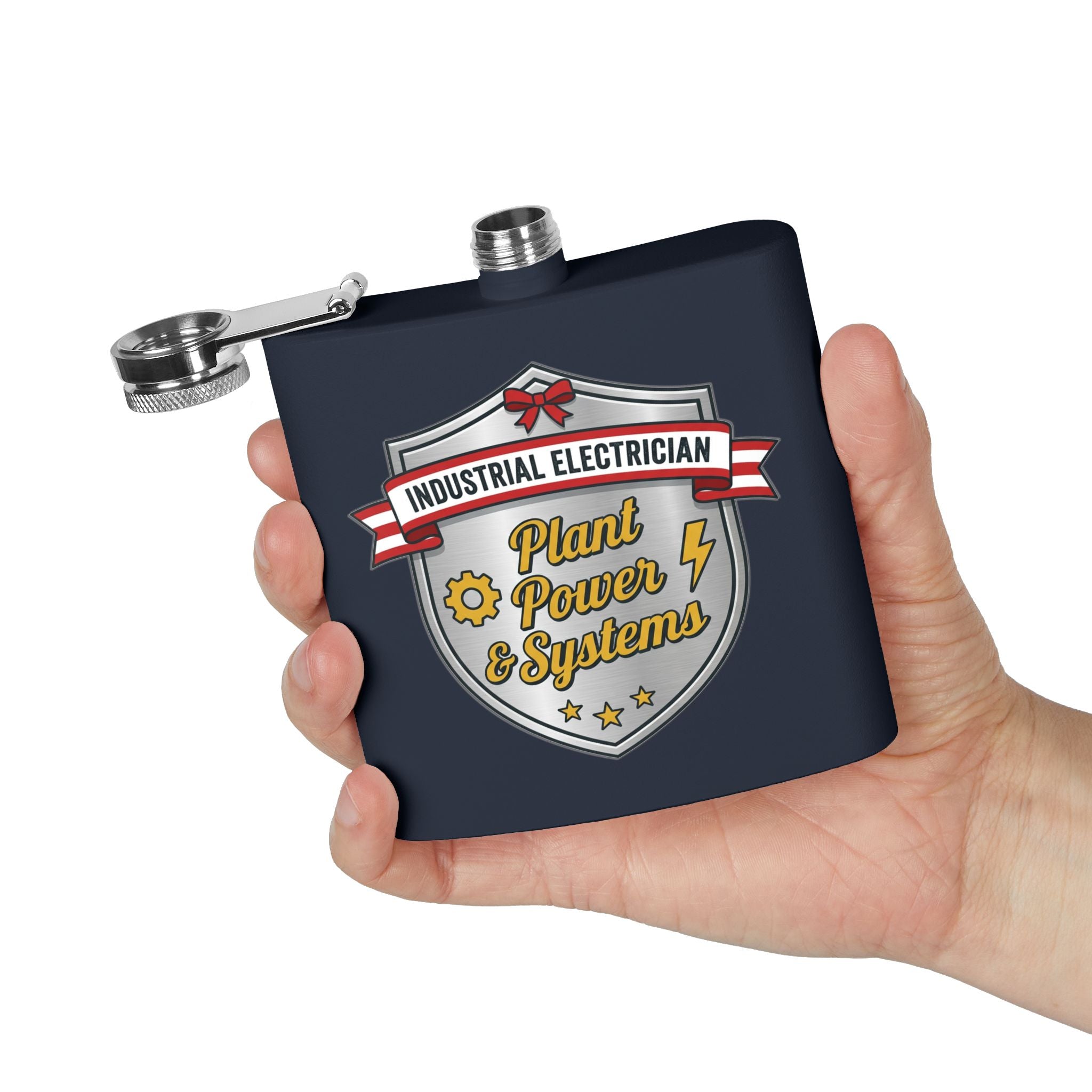 Flask — "Industrial Electrician: Plant Power & Systems" (Shield Badge) 6oz Stainless Steel Hip Flask