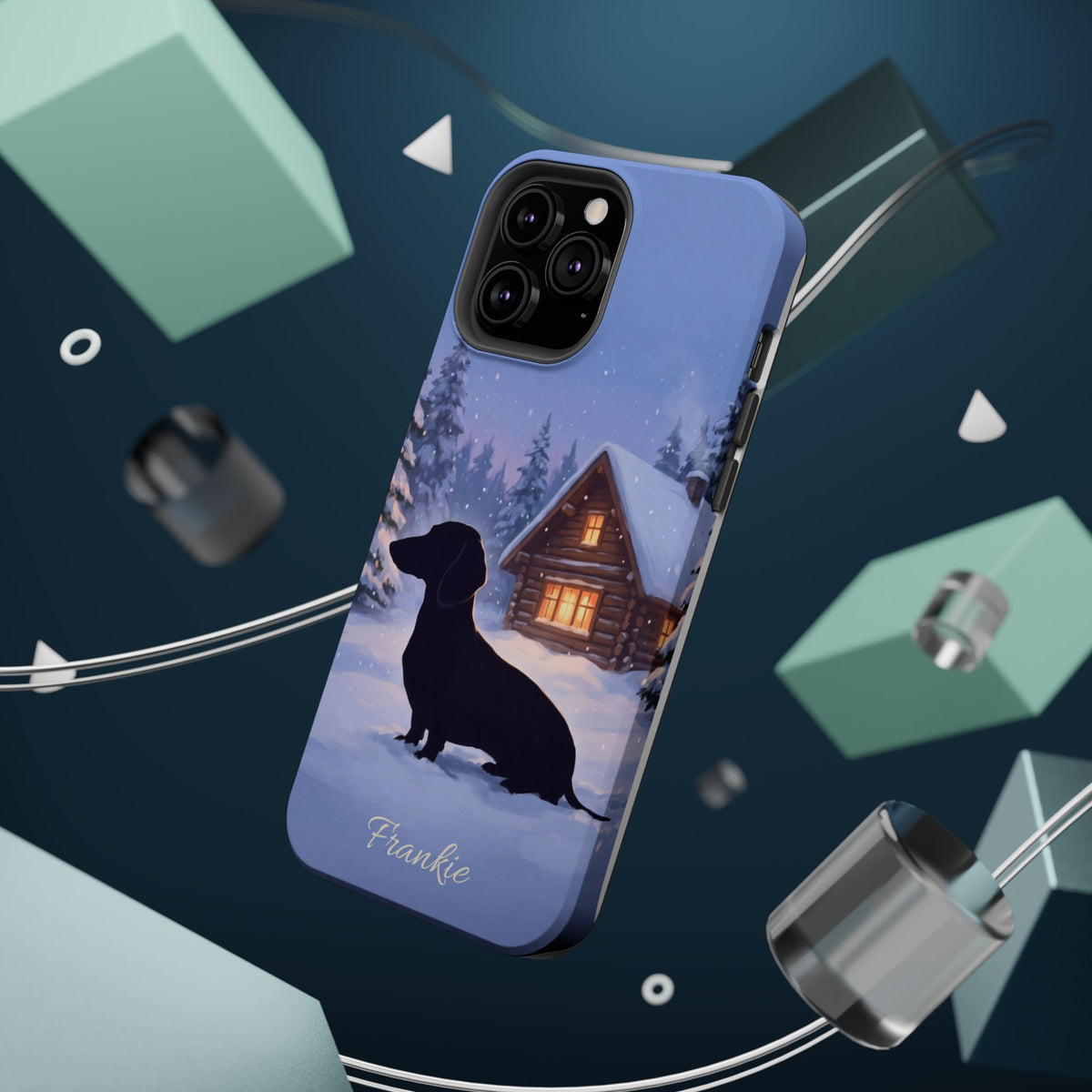 Personalized Dachshund Winter Cabin Phone Case — Wireless Charging Cover